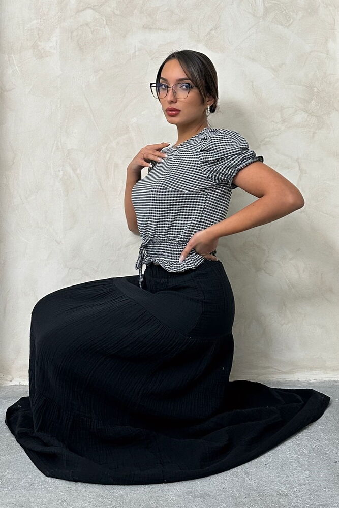 Topshow Black Shirred Waist Gingham Wholesale Blouse