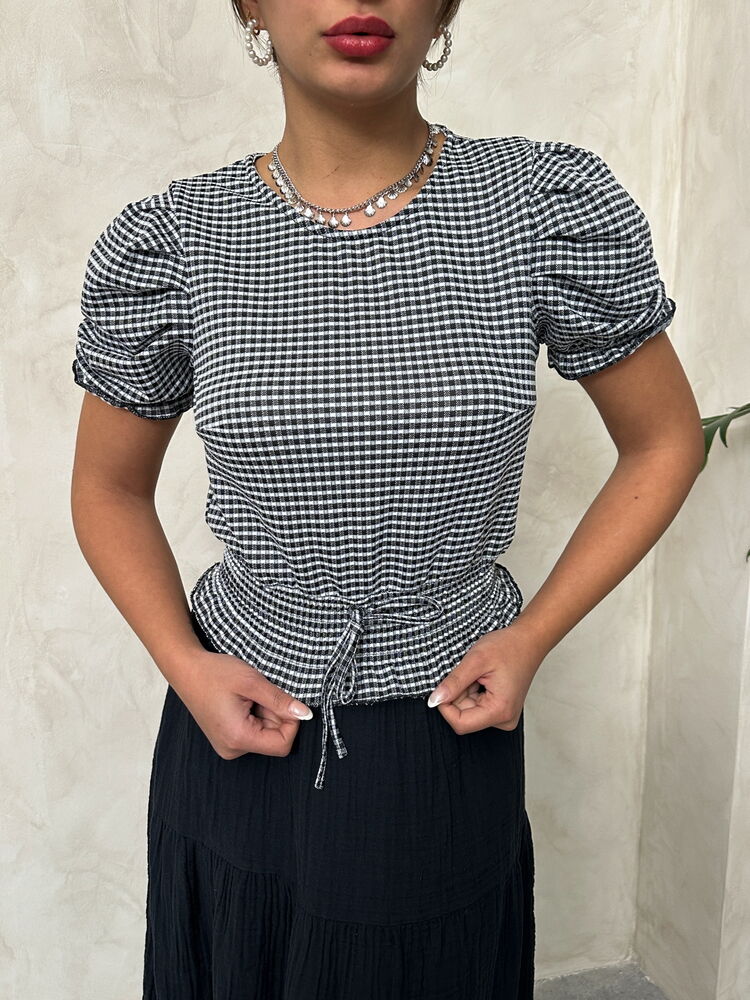 Topshow Black Shirred Waist Gingham Wholesale Blouse