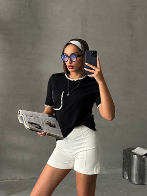 Topshow Siyah Çoban Dikişli Toptan T-Shirt