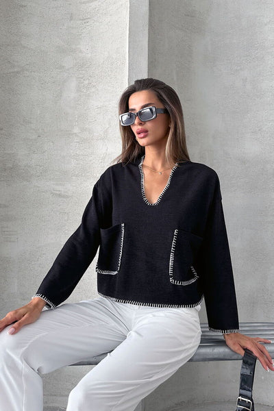 Bluză tricotată Shepherd's Stitch, en-gros - Neagră