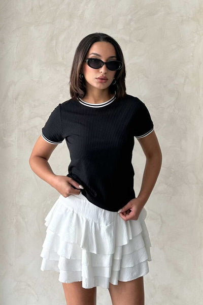 Topshow Siyah Krem Bisiklet Yaka Toptan T-Shirt