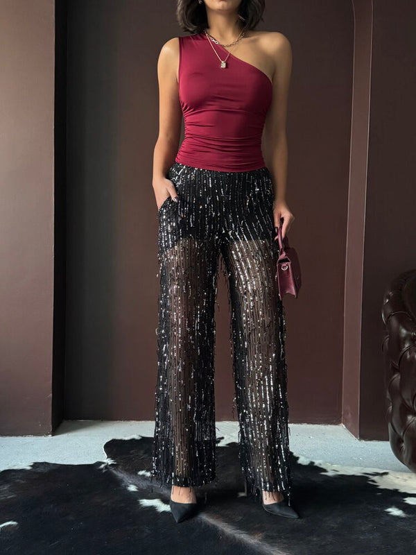 Topshow Siyah Pullu Tül Toptan Pantolon