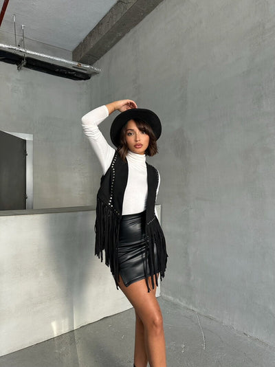 Topshow Black Fringed Dropped Wholesale Vest | F1806