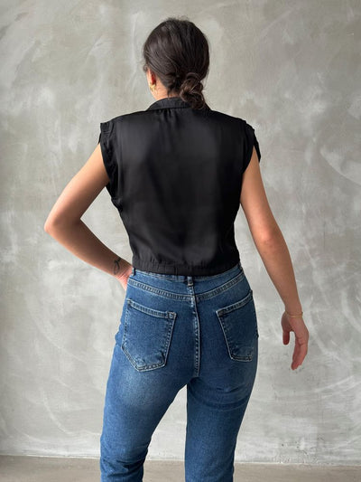 Topshow Black Sleeveless Satin Cropped Wholesale Shirt