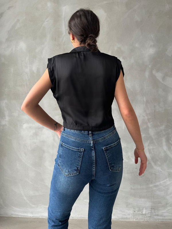 Topshow Siyah Sıfır Kollu Saten Göbek Üstü Toptan Gömlek