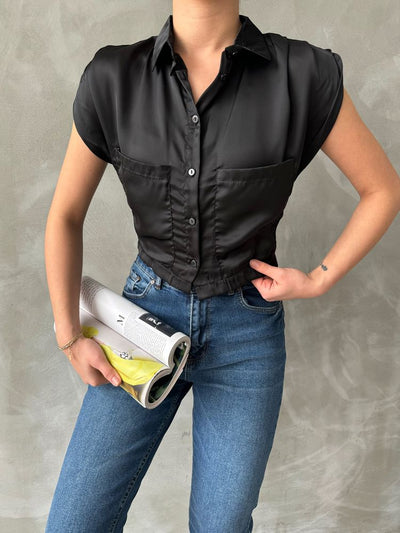 Topshow Black Sleeveless Satin Cropped Wholesale Shirt