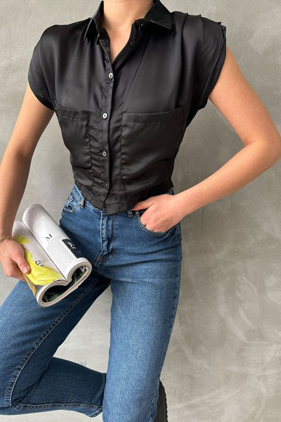 Topshow Black Sleeveless Satin Cropped Wholesale Shirt