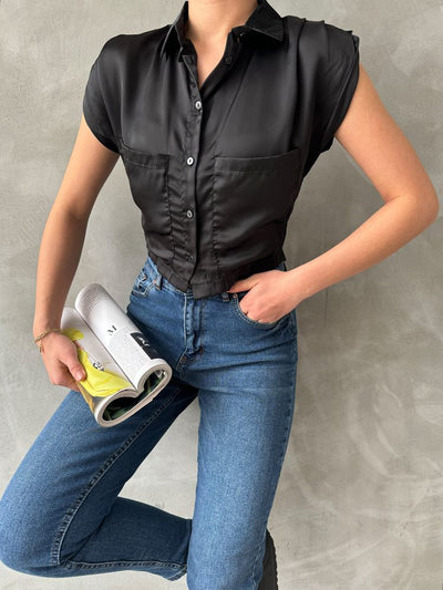 Topshow Black Sleeveless Satin Cropped Wholesale Shirt
