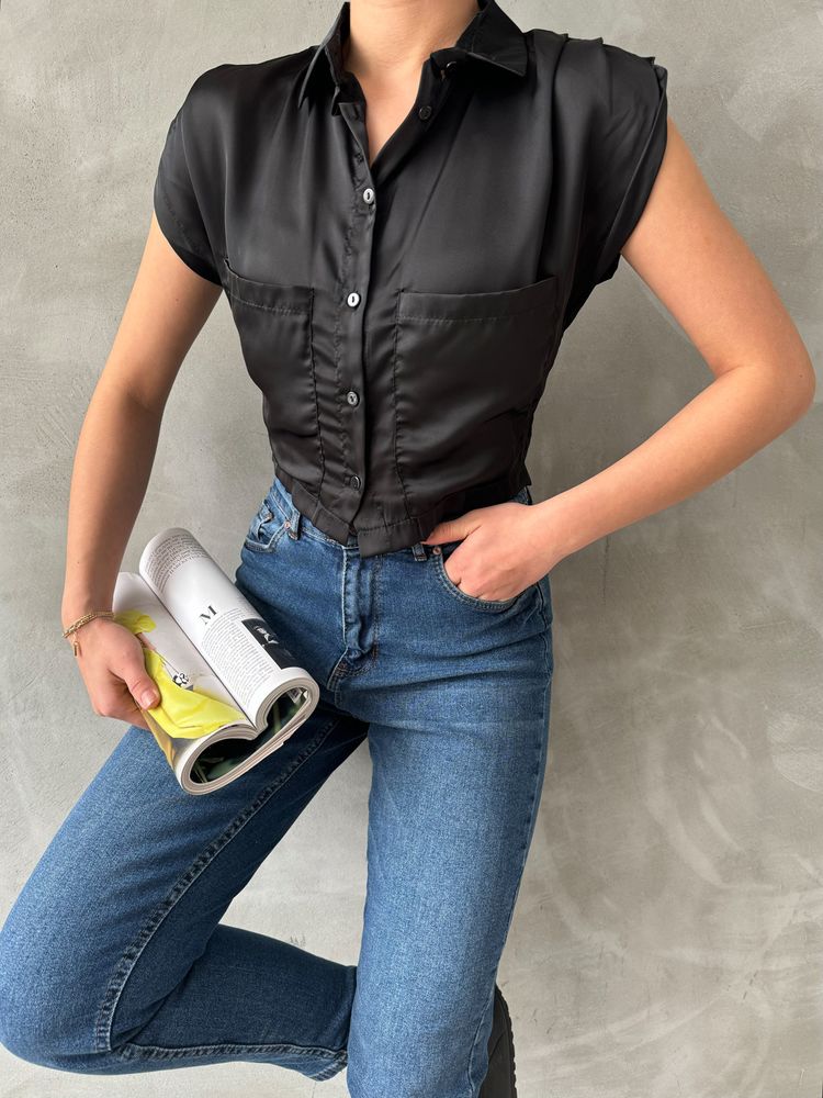 Topshow Black Sleeveless Satin Cropped Wholesale Shirt