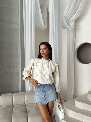 Topshow Taş Krem Dantel Detaylı Toptan Bluz | F1693