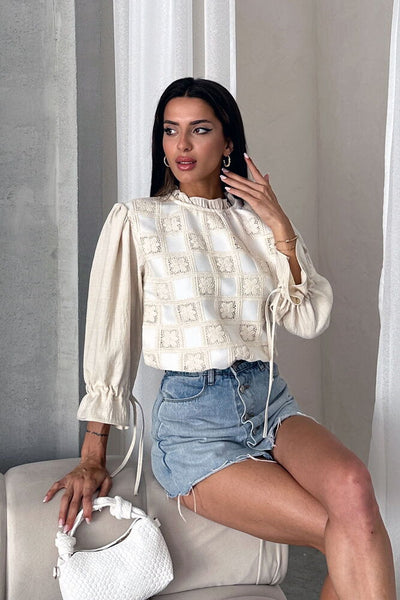 Topshow Stone Cream Lace Detailed Wholesale Blouse | F1693