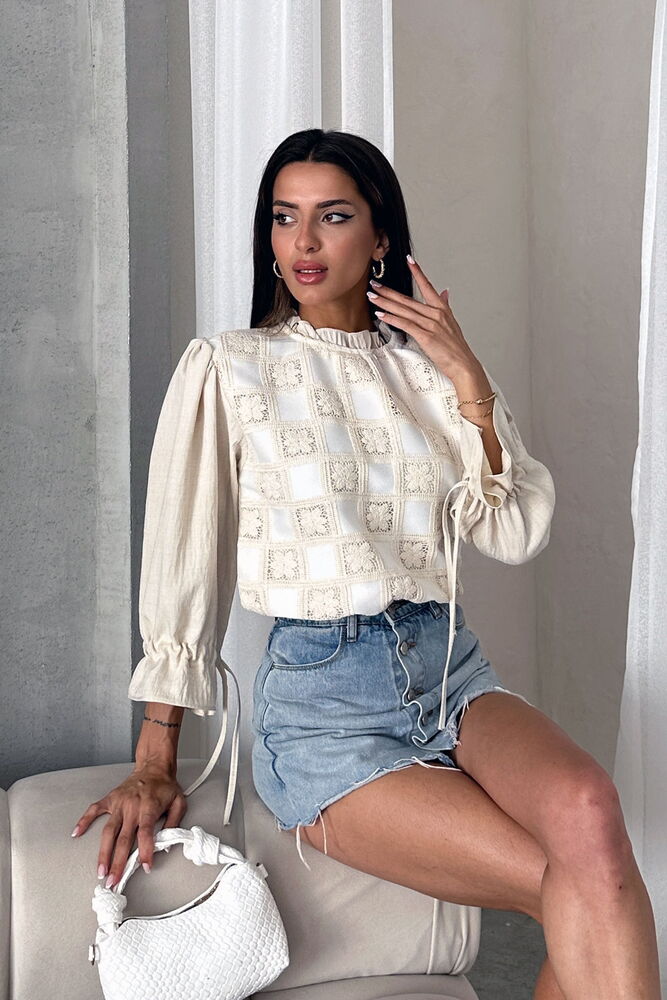 Topshow Stone Cream Lace Detailed Wholesale Blouse | F1693