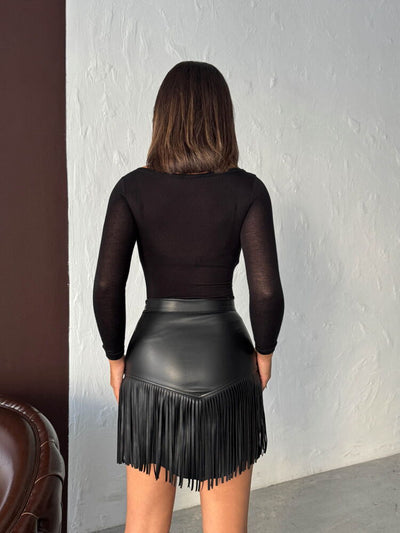 Fustă mini din piele cu ciucuri, stil western, en-gros - Negru | F2041