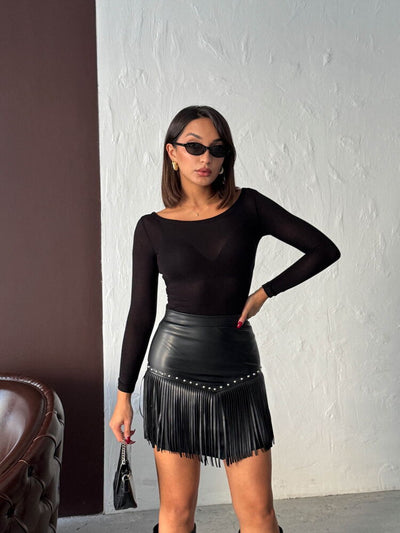 Fustă mini din piele cu ciucuri, stil western, en-gros - Negru | F2041