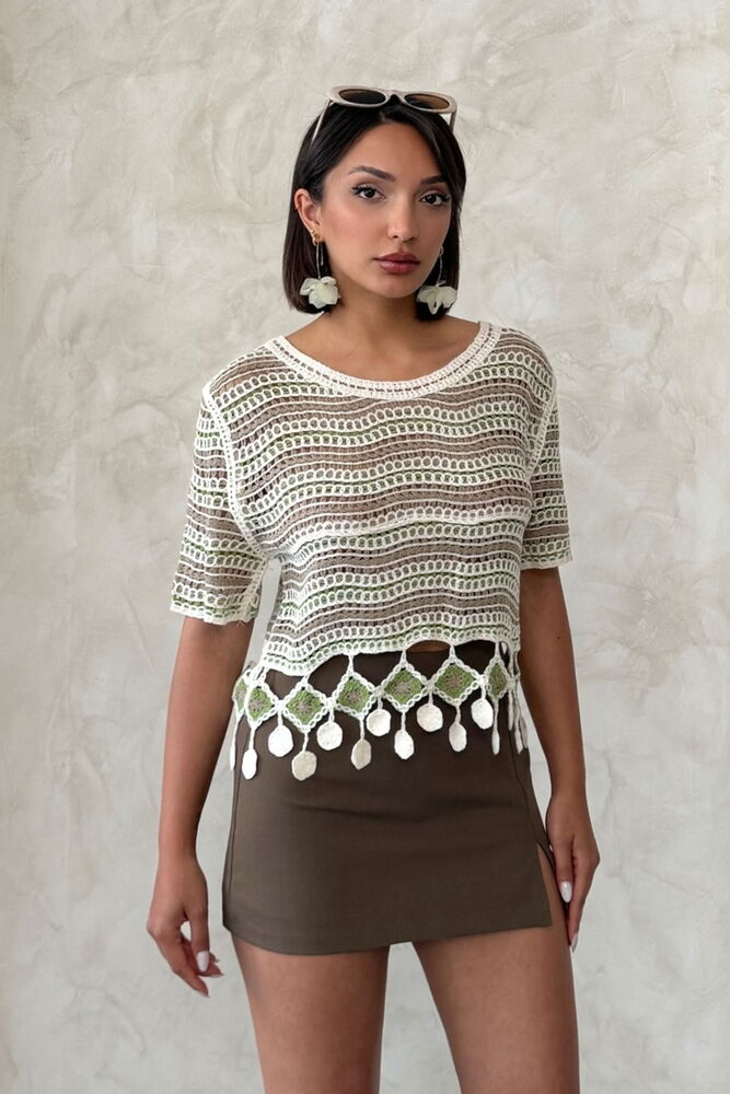 Topshow Emerald Mesh Blouse with Six Pom-Poms Wholesale