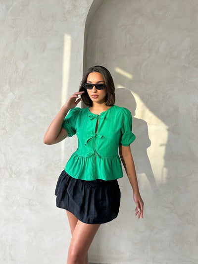 Topshow Emerald Front-Tie Poplin Wholesale Blouse