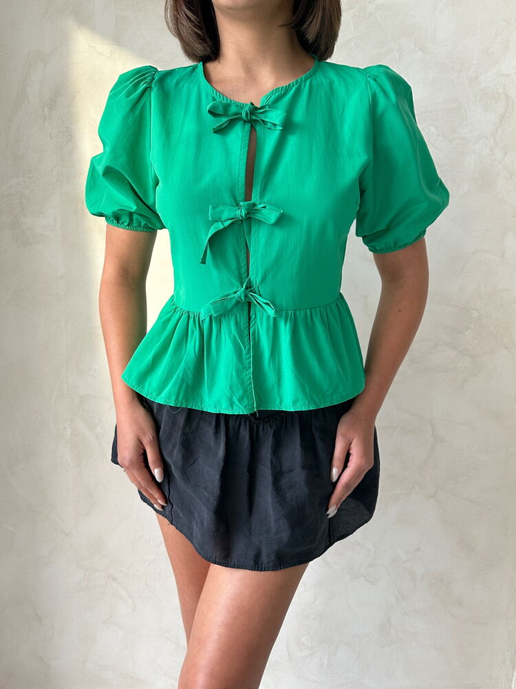 Topshow Emerald Front-Tie Poplin Wholesale Blouse
