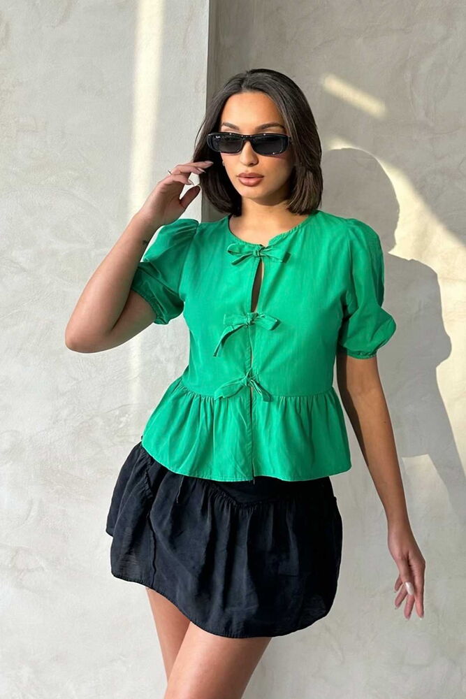 Topshow Emerald Front-Tie Poplin Wholesale Blouse