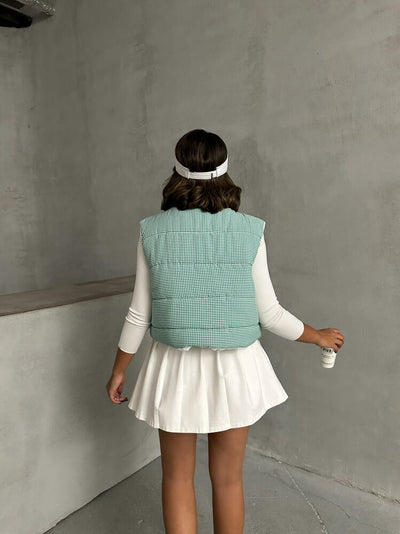 Vestă gonflabilă en-gros cu model Gingham, umplută cu fibre - Smarald