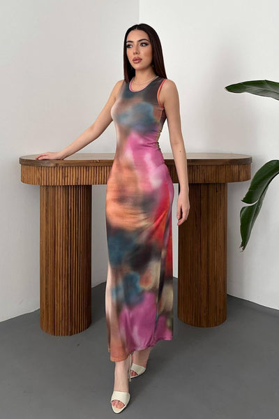 Bej Batik Desenli Elbise