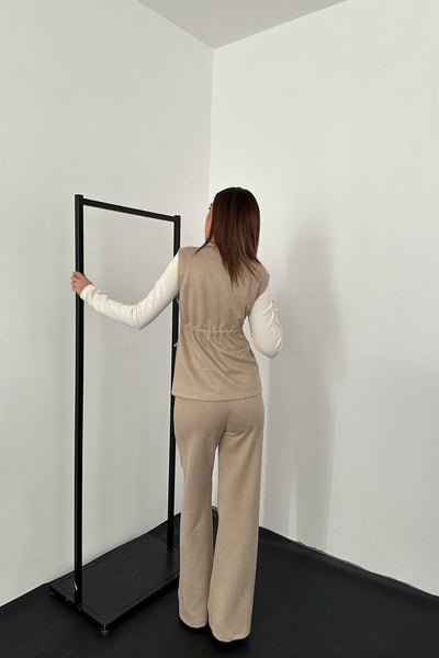 Bej Süet Yelek Pantolon Takım