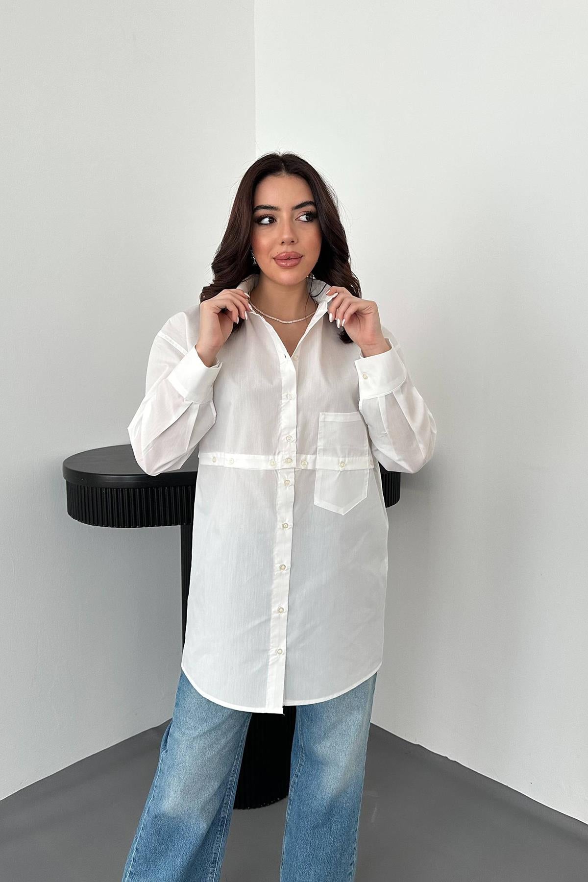 Beyaz Beli Ayrılabilen Poplin Gömlek