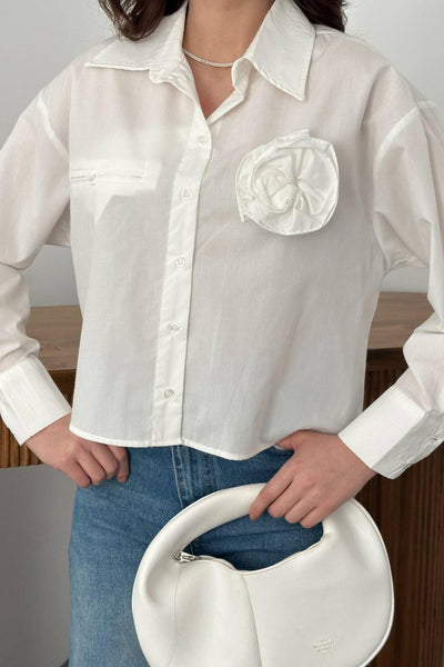 Beyaz Fleto Cepli Poplin Gömlek