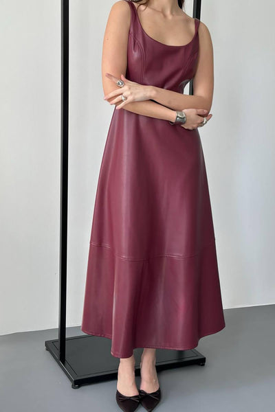Bordo Askılı Deri Elbise
