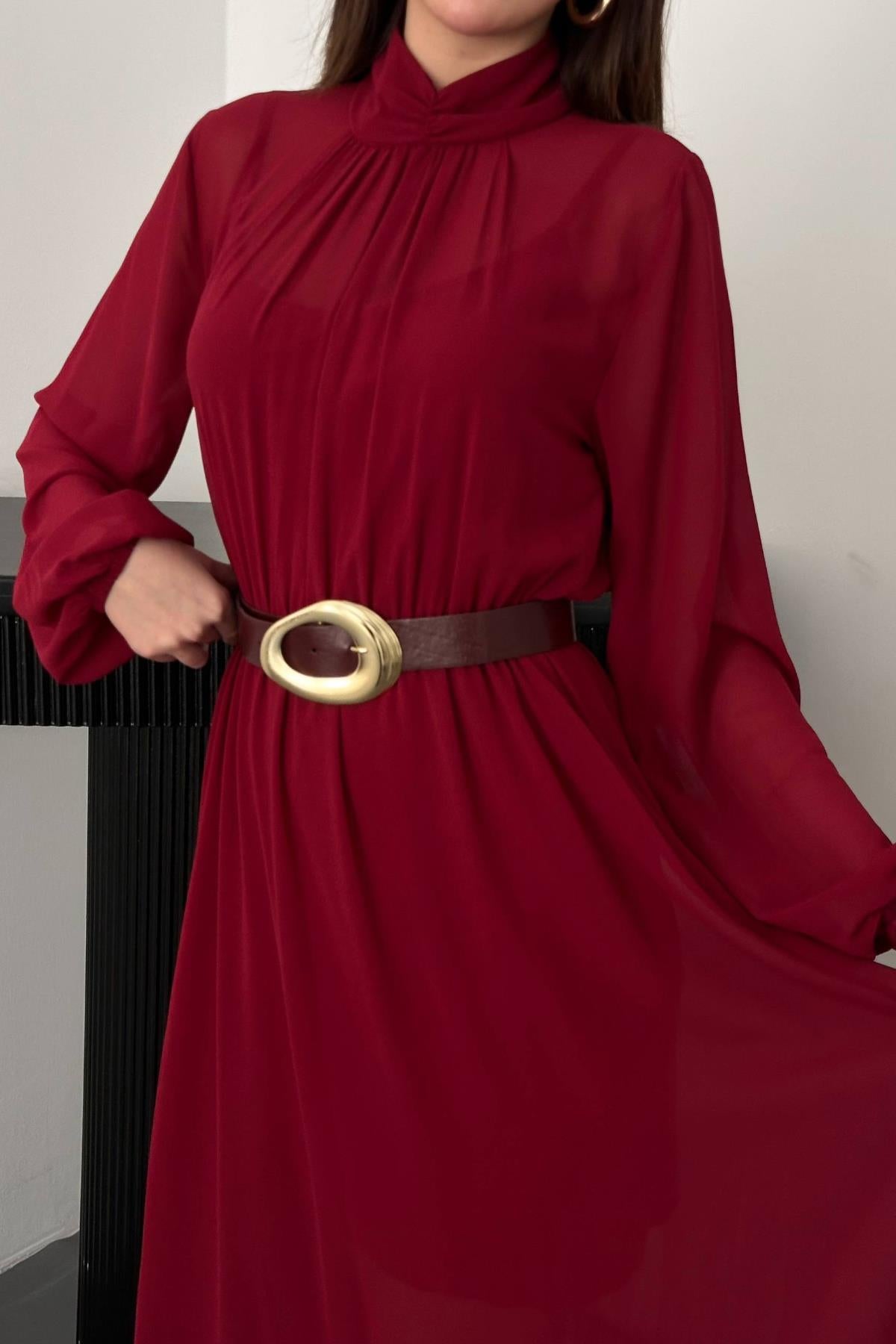 Bordo Eteği Fırfırlı Şifon Elbise