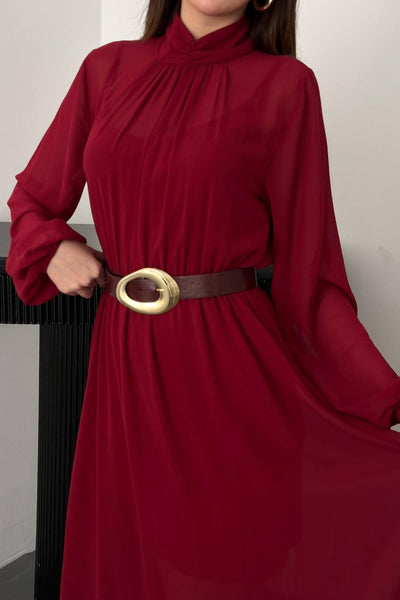 Bordo Eteği Fırfırlı Şifon Elbise