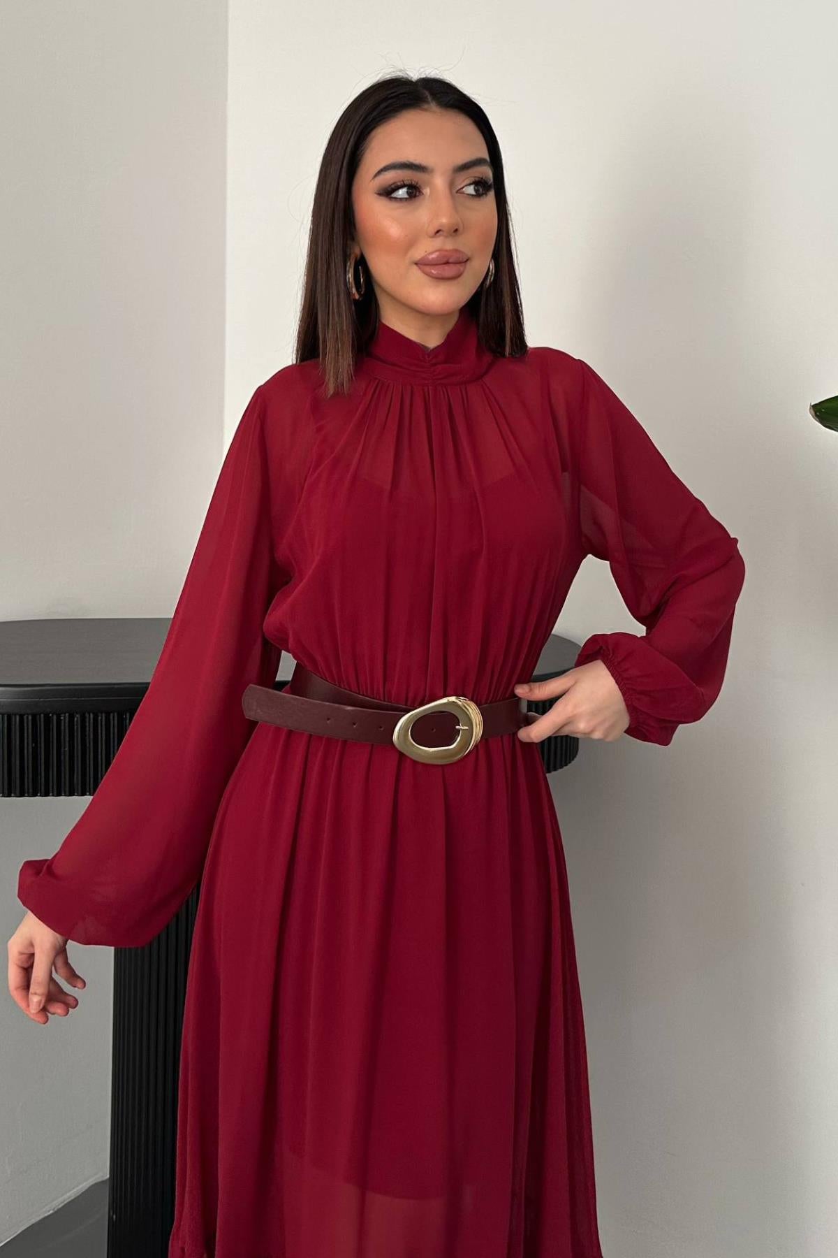 Bordo Eteği Fırfırlı Şifon Elbise