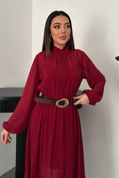 Bordo Eteği Fırfırlı Şifon Elbise