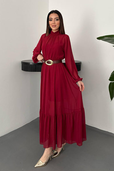 Bordo Eteği Fırfırlı Şifon Elbise