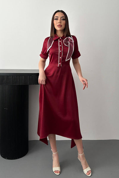 Bordo Fular Detaylı Saten Elbise