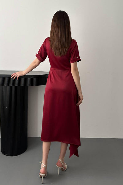 Bordo Fular Detaylı Saten Elbise
