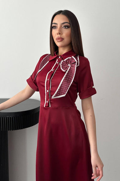 Bordo Fular Detaylı Saten Elbise