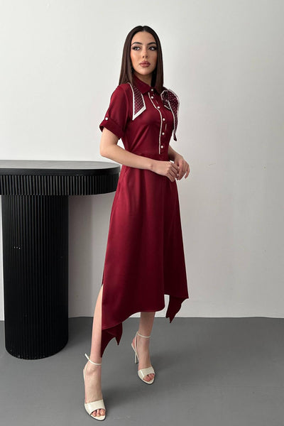 Bordo Fular Detaylı Saten Elbise
