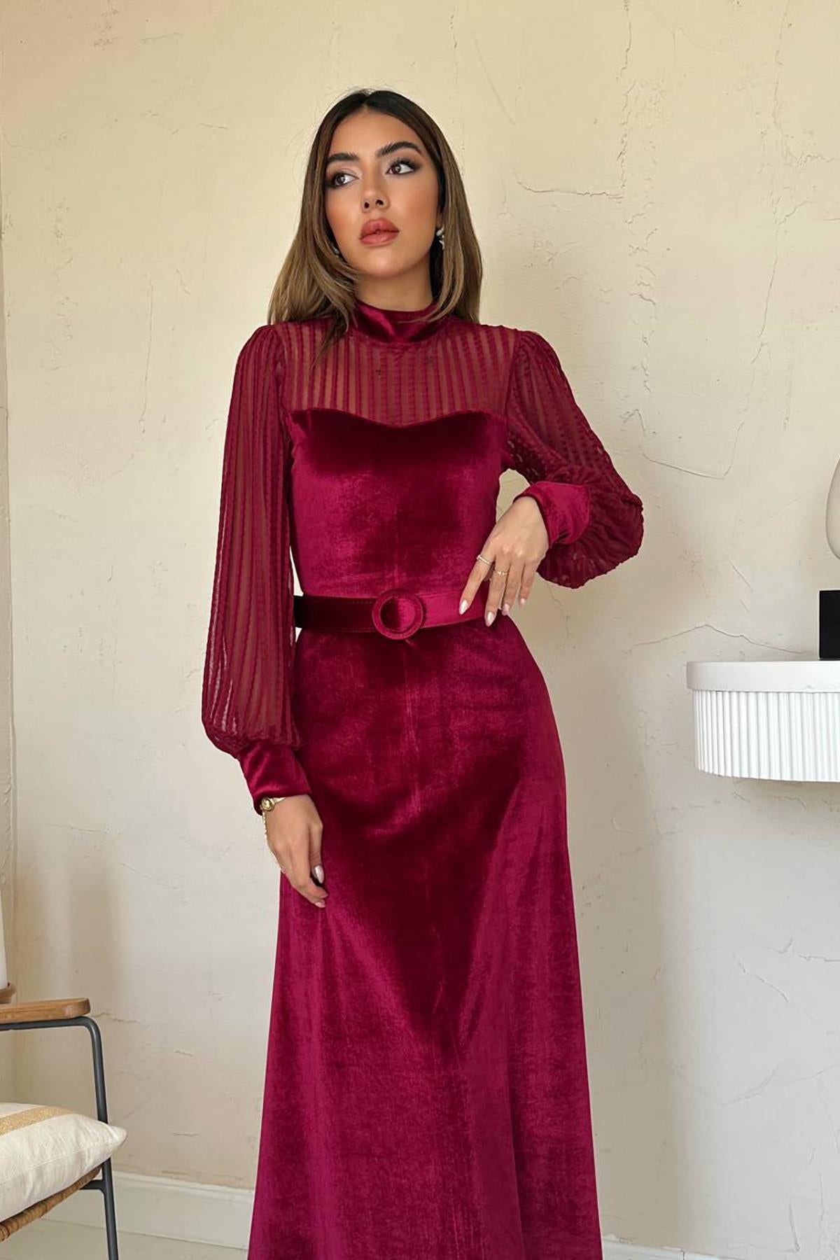Bordo Kadife Dantel Detaylı Elbise