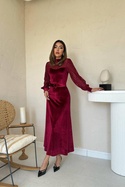 Bordo Kadife Dantel Detaylı Elbise