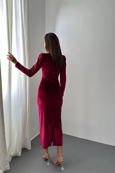 Bordo Kadife Işıltılı Elbise