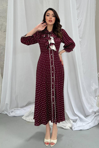 Bordo Önü Patlı Puantiyeli Elbise