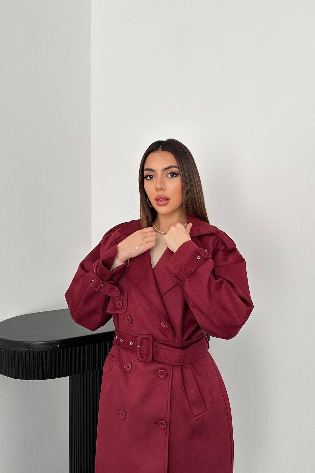 Bordo Reglan Kollu Süet Trençkot