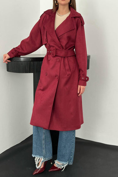 Bordo Reglan Kollu Süet Trençkot
