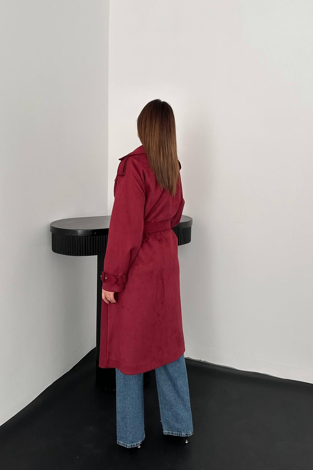 Bordo Reglan Kollu Süet Trençkot
