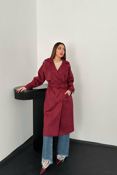Bordo Reglan Kollu Süet Trençkot
