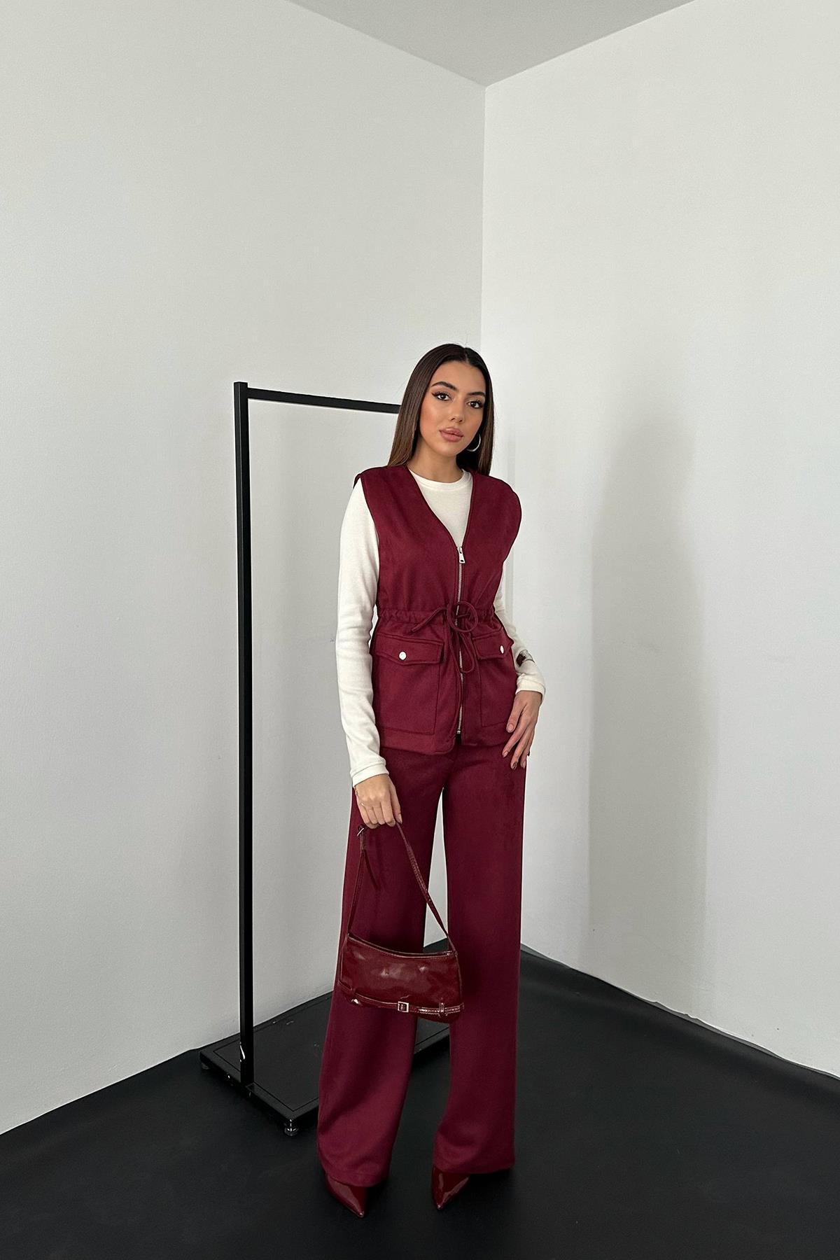 Bordo Süet Yelek Pantolon Takım
