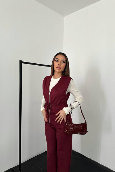 Bordo Süet Yelek Pantolon Takım