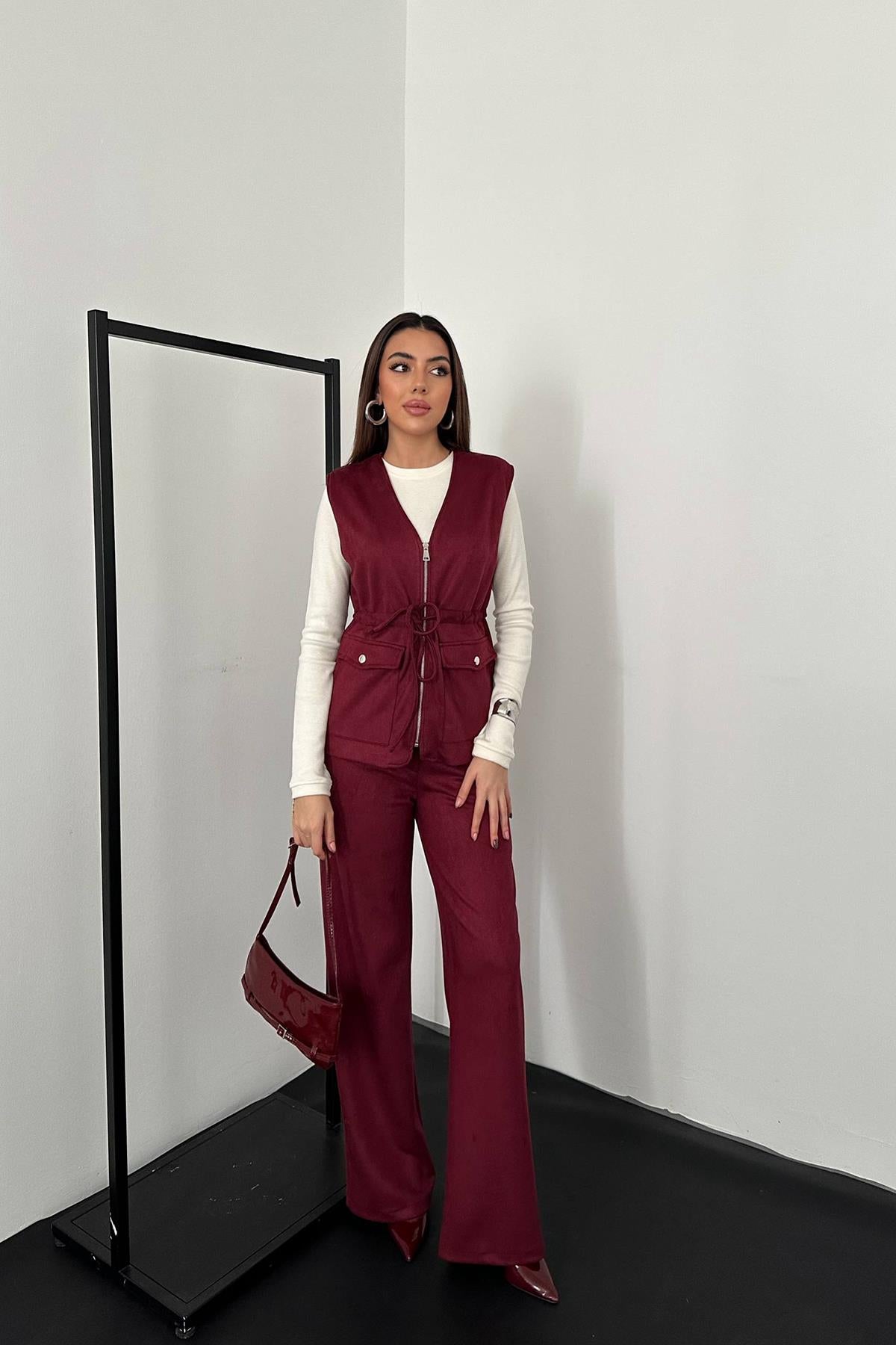 Bordo Süet Yelek Pantolon Takım