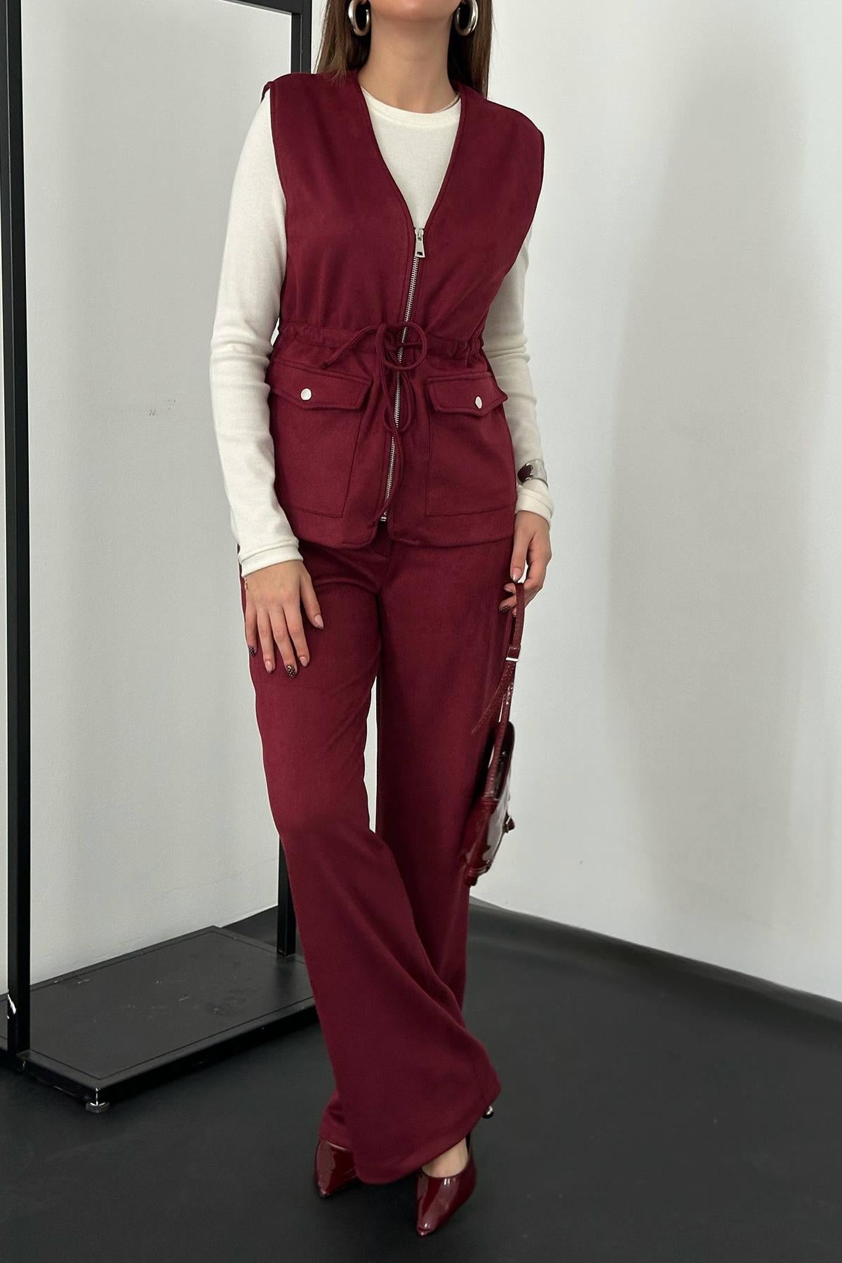 Bordo Süet Yelek Pantolon Takım