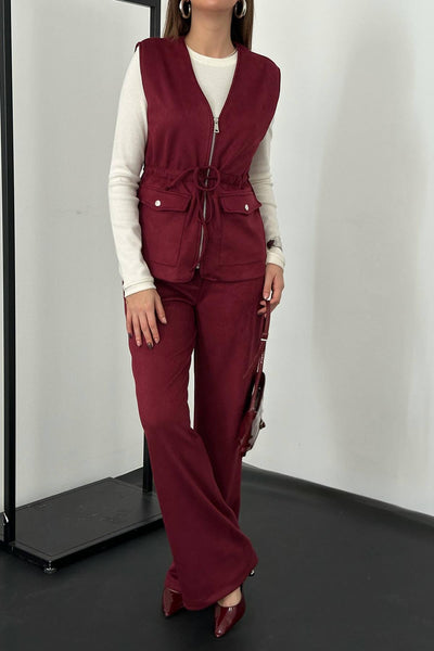 Bordo Süet Yelek Pantolon Takım